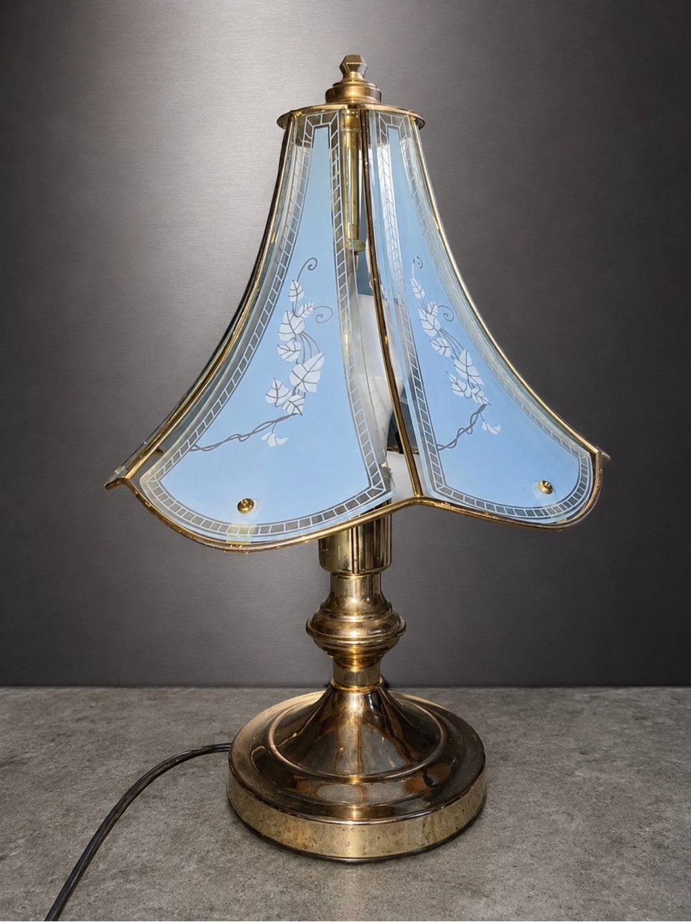 Vintage Brass Table Lamp with Blue Etched Glass Shade